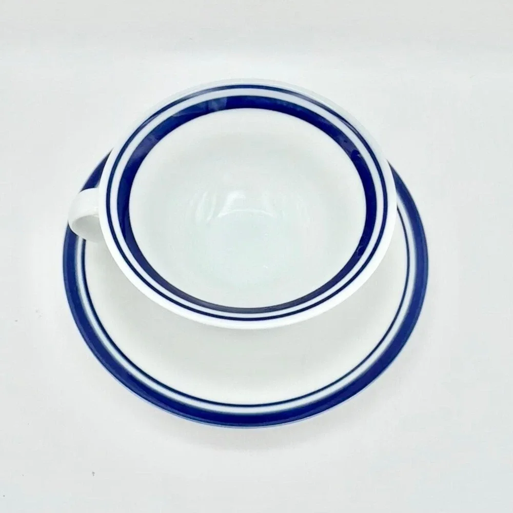 Pottery Barn Club Blue Cup & Saucer Set of 7 Cobalt Rim Japan Vintage Cottage